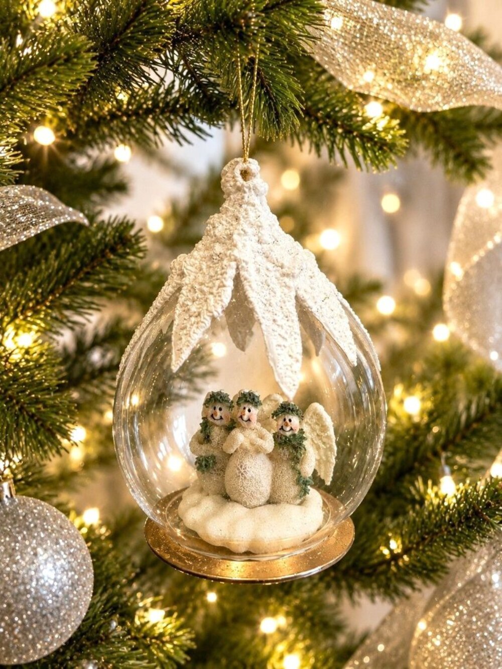 Vintage Glass Dome Snowman Angel Christmas Ornament Diorama 5.5"